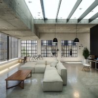 Concrete beams in the interior of the living room