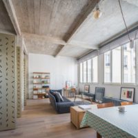 Concrete ceiling in the interior of a modern living room