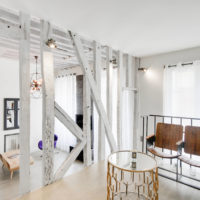 The supporting racks of the wooden frame in the interior of the kitchen