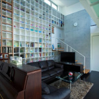 High ceiling bookshelves in living room