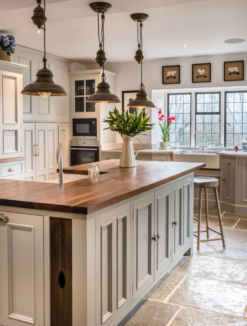 Retro style pendant lights over a kitchen island