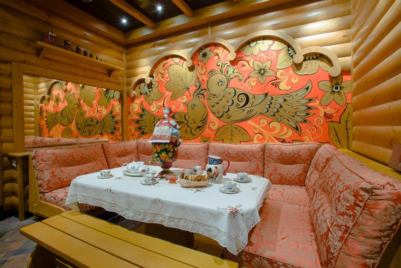 Samovar on the table in the relaxation room for tea after the bath