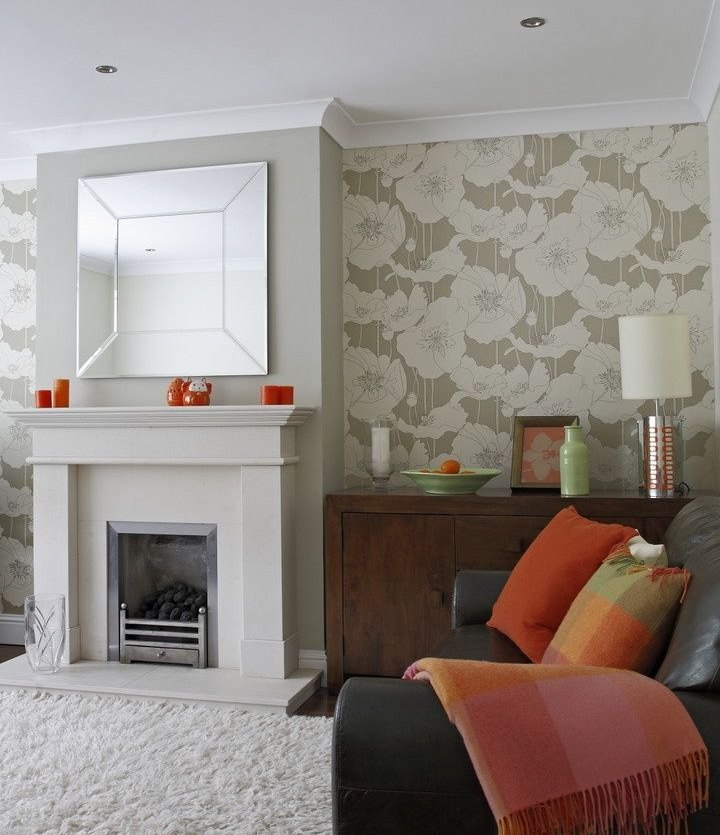 Living room interior with fireplace in pastel colors.