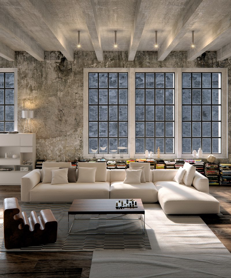 Concrete ceiling in the interior of the living room in the loft style