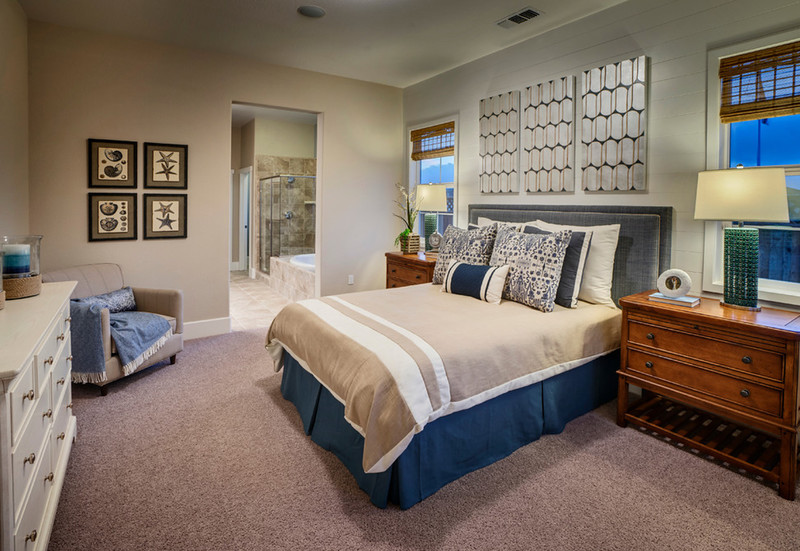 The interior of the bedroom of a private house in the marine theme