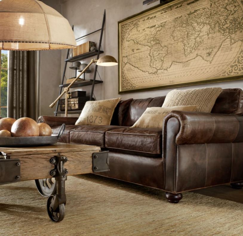 Retro style living room interior with brown sofa.