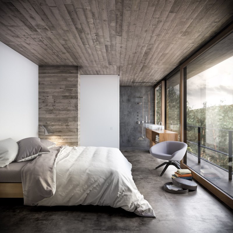 Unutrašnjost spavaće sobe s panoramskim prozorima i drvenim stropom