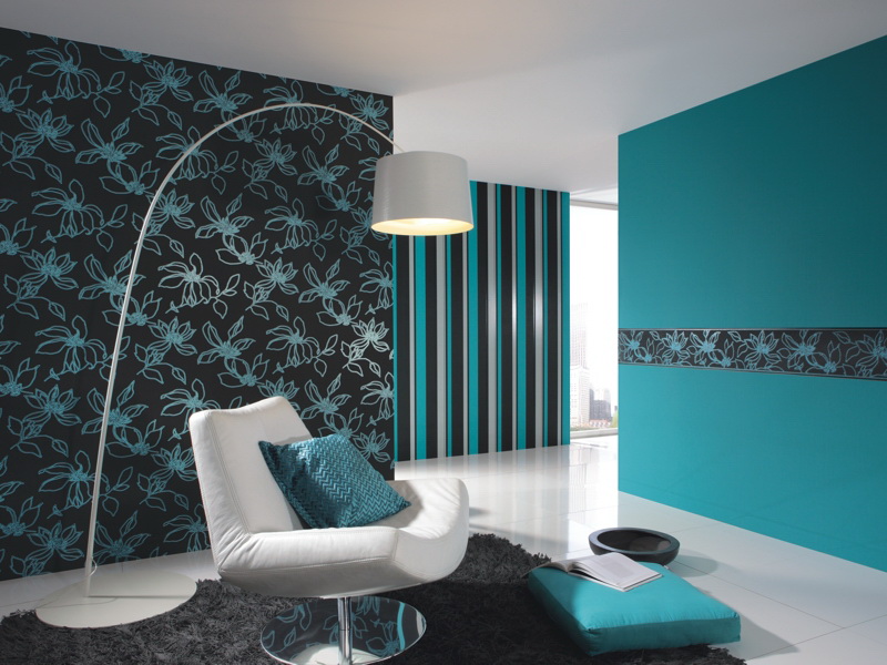 Wallpaper with colorful stripes in combination with a white print on a black background