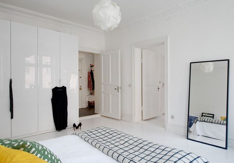 Scandinavian style bedroom design with white doors