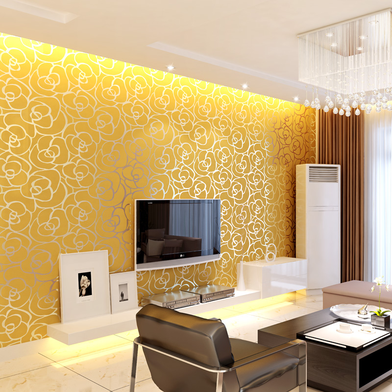 Living room in a modern style with golden wallpaper