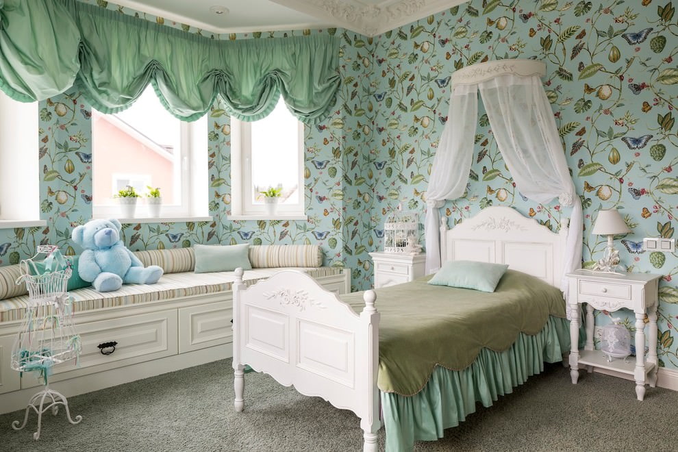 Green mint curtains on the windows of the children's room