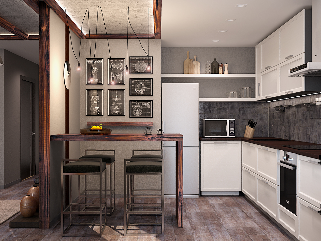 Kitchen design in a studio apartment after repair