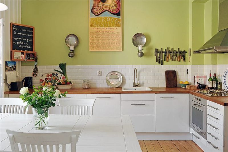 Kitchen interior with pistachio wall