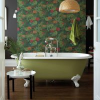 Light green bath on a background of dark wallpaper