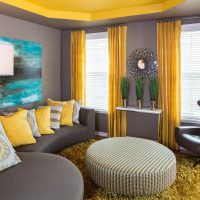 Yellow ceiling in a living room with gray walls