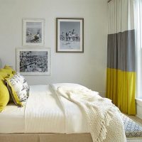 Striped curtains in the bedroom interior