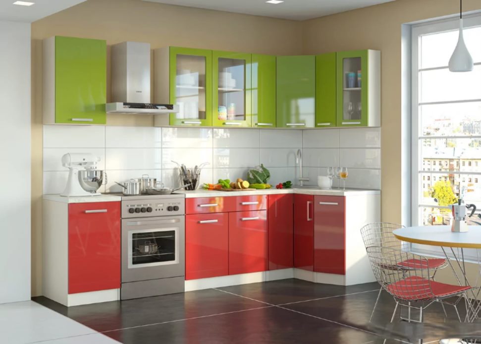 Red-green kitchen set in a bright room