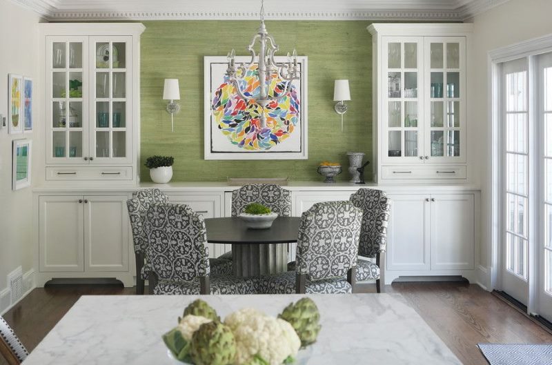 Classic living room interior with green wallpaper