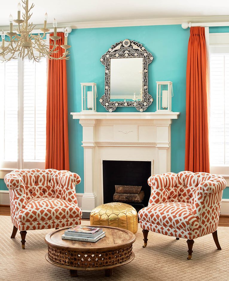 Terracotta curtains in the interior of the living room of a private house