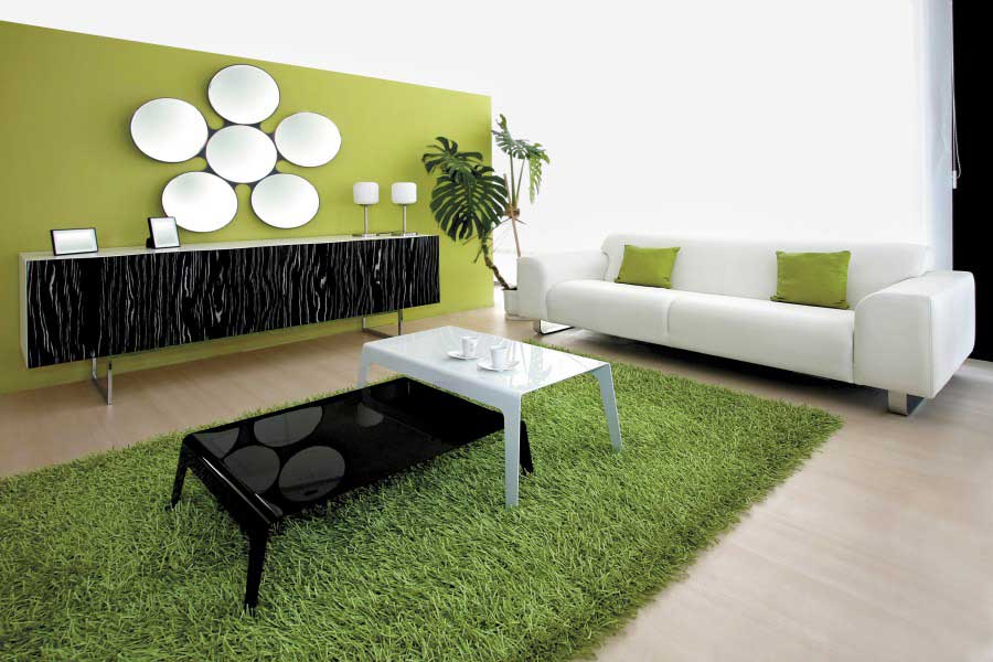 Minimalistički zeleni tepih u unutrašnjosti dnevnog boravka