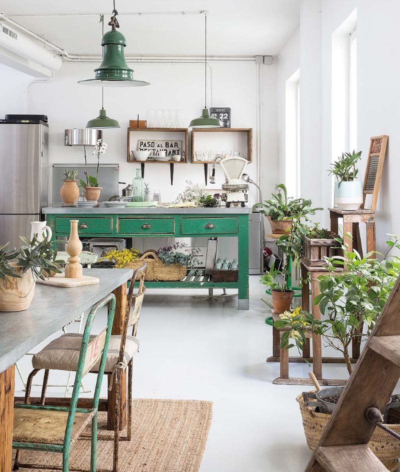 Green table in a rustic kitchen