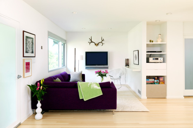 White living room with dark sofa