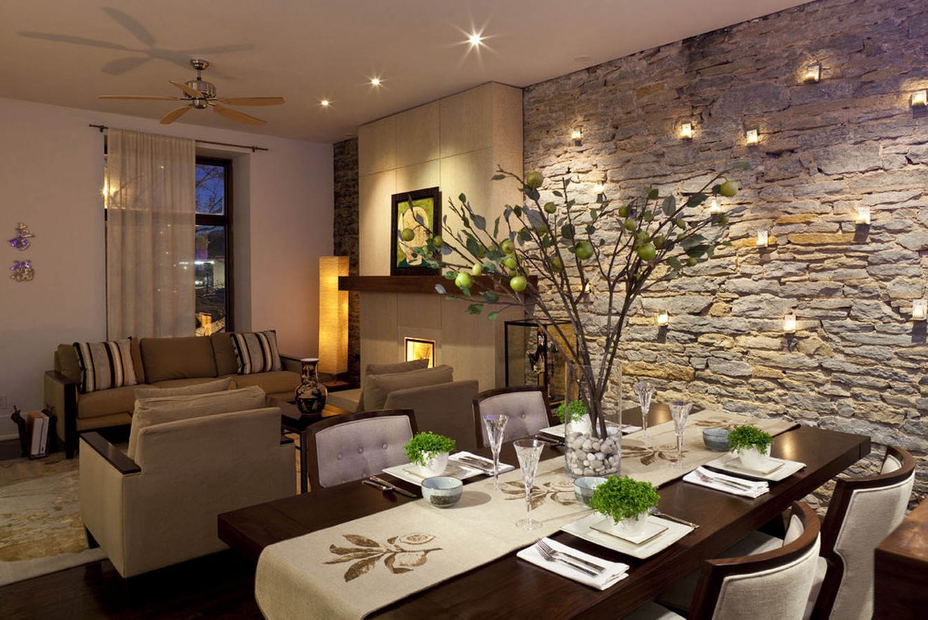 Wall in living room with natural stone cladding