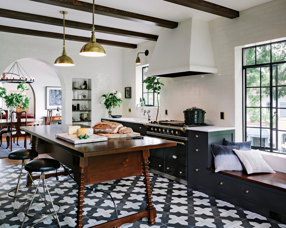 Brown wood table on ceramic floor