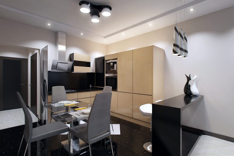 The interior of the kitchen-dining room in black and white shades