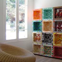 Rack of cardboard boxes in the living room interior