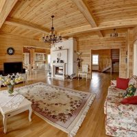 A sofa with colorful upholstery in the living room of a country house