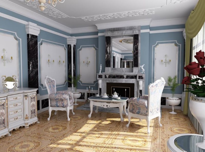 Tea table in front of a fireplace in an antique style living room