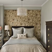 Narrow bedroom design with floral wallpaper