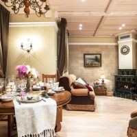 Wooden ceiling in the kitchen-living room