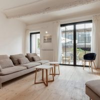 Panoramic windows in a white living room