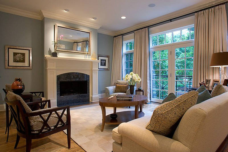 Living room interior of a private house with french windows