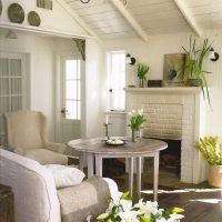 Round table in front of a home fireplace