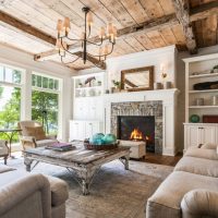 Wooden ceiling in the living room of a rural house