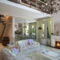 Green curtains in the living room with fireplace