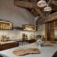 Open shelves with spices in a chalet-style kitchen