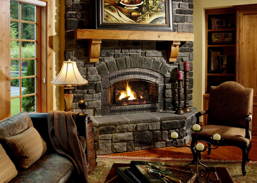 Stone fireplace in the hall of a private house