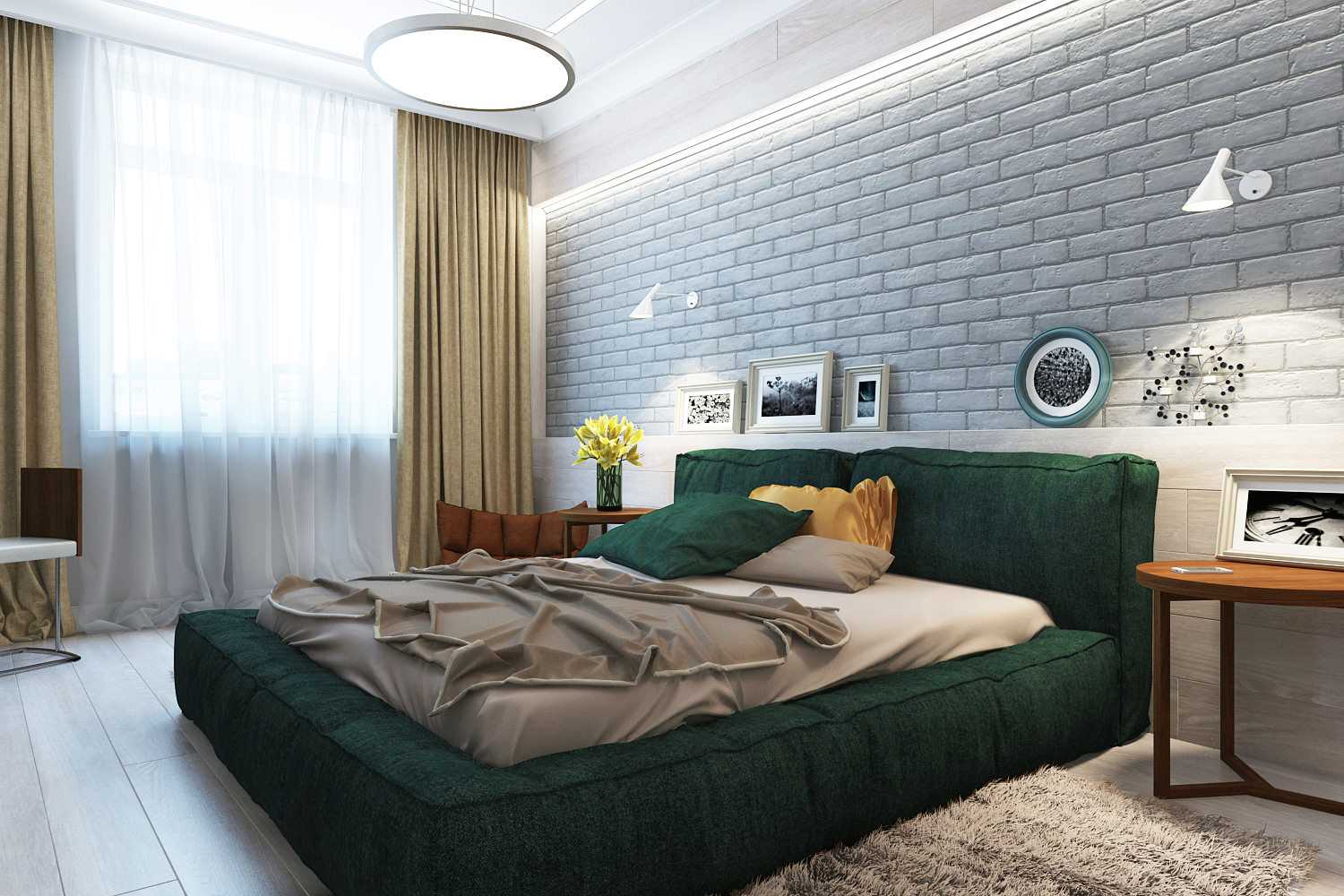 Tamnozeleni krevet u spavaćoj sobi s zidom od opeke