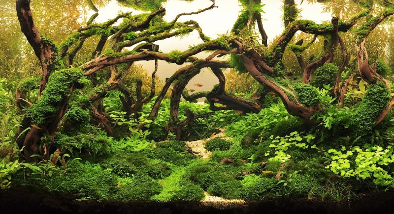 Aquarium decoration with roots and algae