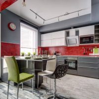 Red apron in a gray kitchen