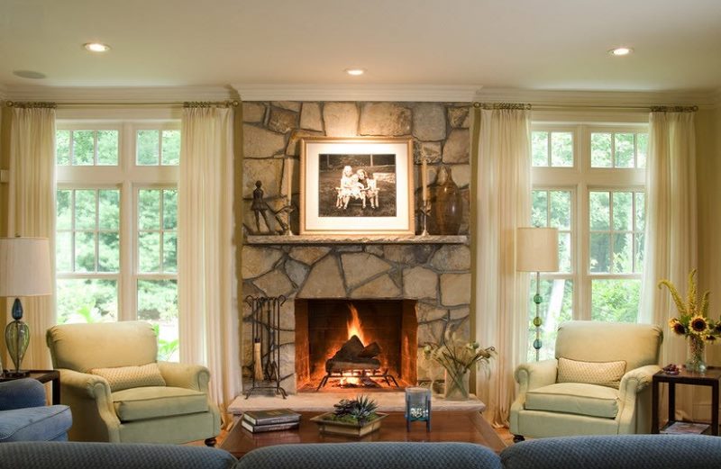 Fireplace between the windows in the living room