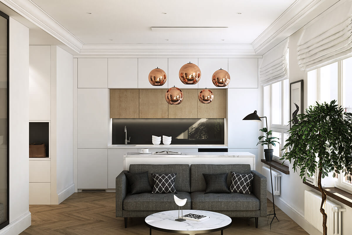 Kitchen area in a small studio apartment