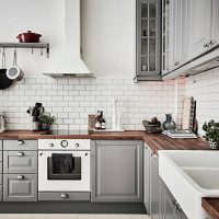 L-shaped kitchen with wooden countertops