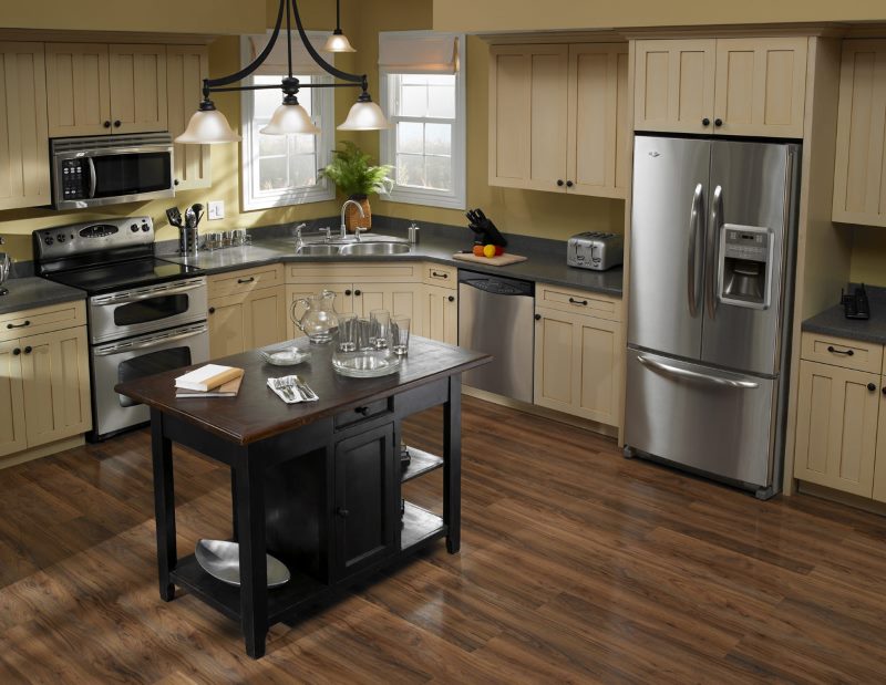 Dark brown kitchen island made of wood