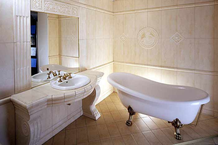 Porcelain sink in marble cabinet