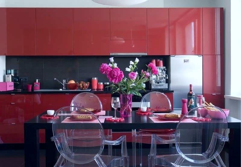 Dark red headset and transparent chairs